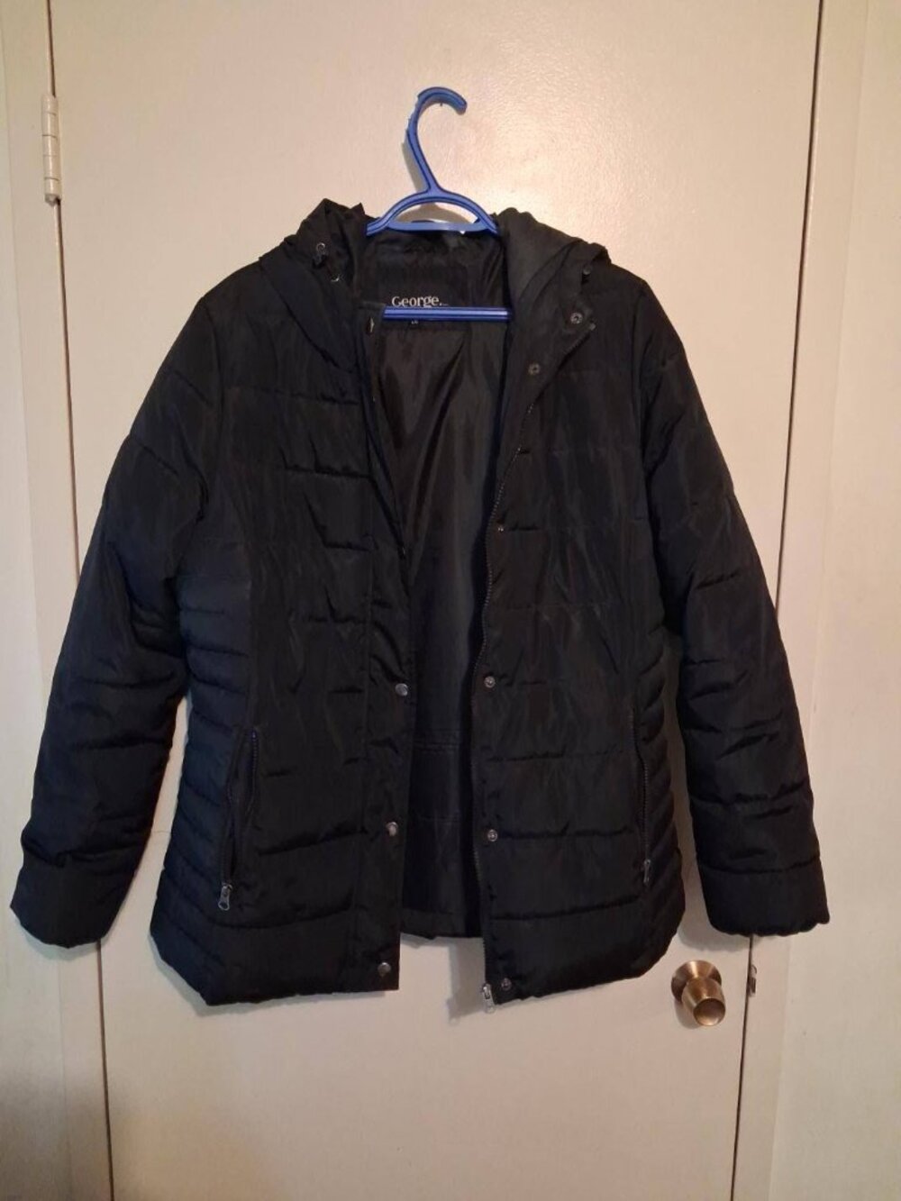 George Black Hooded Puffer Winter Coat Jacket Size L - Picture 3 of 7